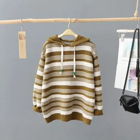 2024年新款慵懒风连帽条纹毛衣女套头中长款宽松针织打底衫秋冬季图片