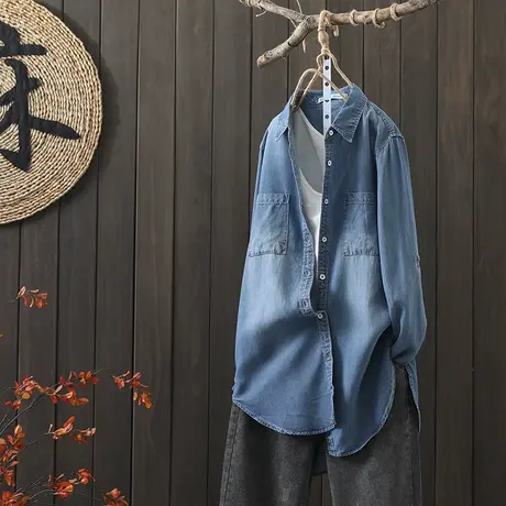 枫谜2021年春装新款文艺简约中长款牛仔衬衫女宽松可挽袖牛仔衬衣商品大图