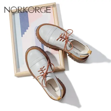 2023新款春秋复古蓝灰色JK小皮鞋女鞋真皮圆头防滑增高小个子单鞋图片