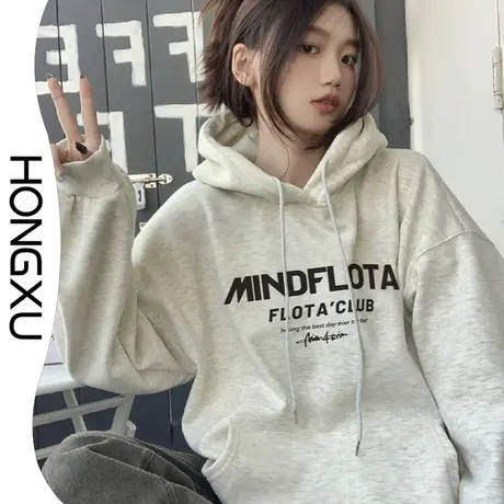 红续灰色高级感简约印花卫衣秋冬小众设计感抽绳连帽上衣加厚保暖商品大图