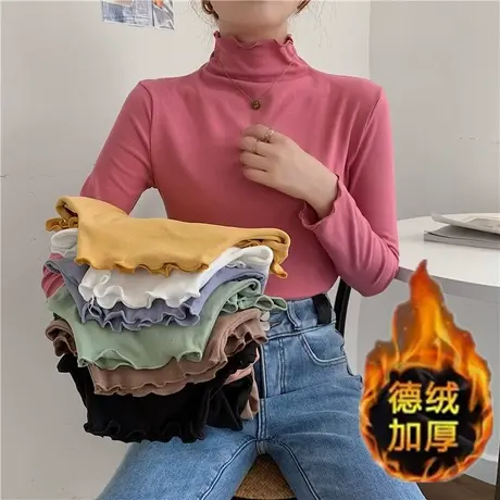 半高领磨毛长袖打底衫女秋冬装内搭洋气修身显瘦双面德绒T恤上衣图片
