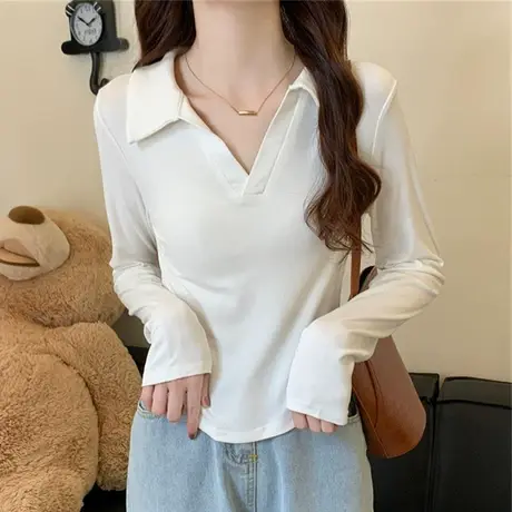 早秋V领长袖T恤女POLO衫2024年秋季新款设计感小众短款上衣打底衫商品大图