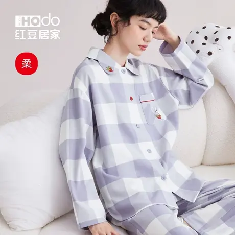 红豆【柔柔棉】磨毛睡衣女士春秋季纯棉长袖宽松超柔软家居服套装商品大图