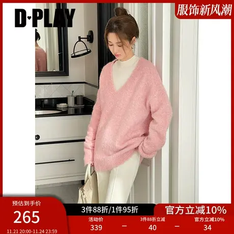 DPLAY冬新氛围感夹花粉宽松落肩长袖大V领针织套头毛衣商品大图