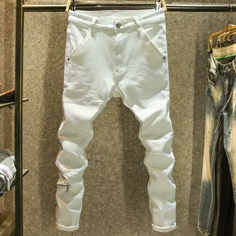米白色不规则机车牛仔裤男修身小脚弹力长裤高街个性拉链拼接裤子商品大图