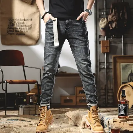 2022新款男士牛仔裤潮流烟灰色修身小脚弹力简约百搭休闲长裤男商品大图