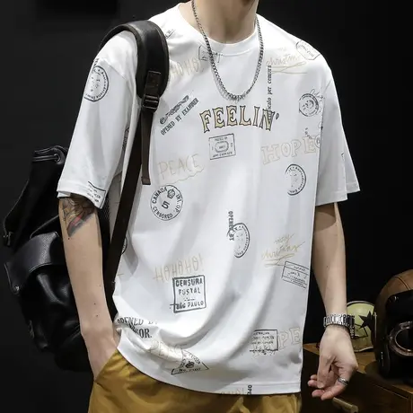 白色短袖t恤男士夏季宽松大码潮牌2023新款男装纯棉印花体恤男款商品大图