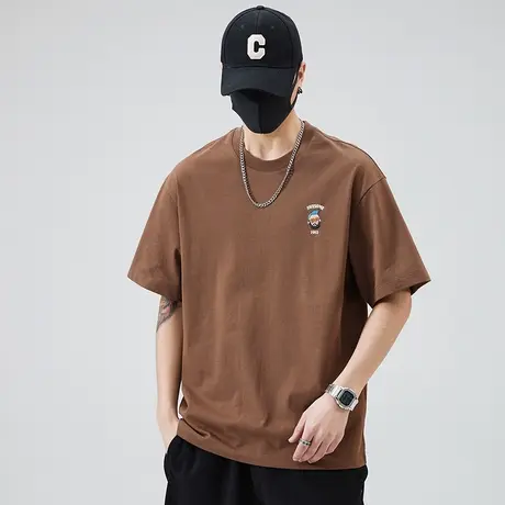 咖色短袖男款夏季圆领简约基础t恤男士半袖体恤青少年学生上衣服商品大图