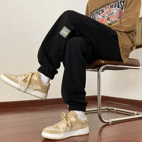 潮牌港风男生束脚裤春秋季百搭坠感休闲裤灯芯绒工装裤子宽松卫裤商品大图