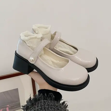 粗跟单鞋女赫本风一字带玛丽珍鞋中跟圆头法式复古温柔风晚晚鞋潮图片