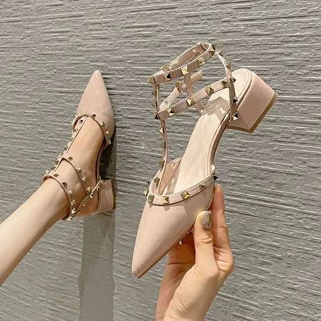 一字带铆钉尖头单鞋女2024年春季新款气质百搭法式少女细跟高跟鞋商品大图