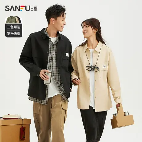 三福2024春男士口袋织唛轻工装长衬衫 宽松纯棉上衣男479146商品大图