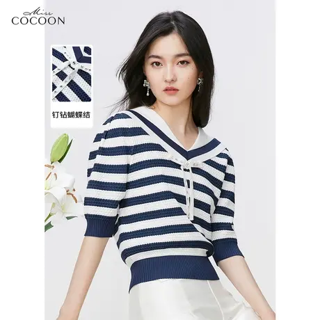 missCOCOON法式海军领毛针织衫女2023新款夏季短款蝴蝶结条纹上衣商品大图