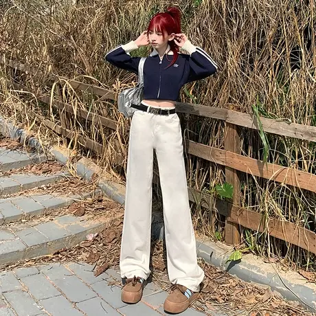 白色高腰加绒直筒牛仔裤女秋冬2023新款显瘦小个子窄版阔腿烟管裤图片