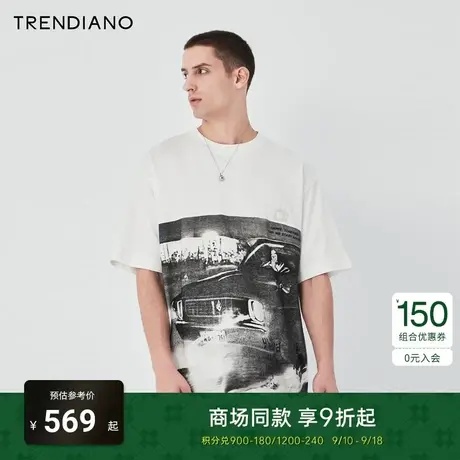 TRENDIANO官方2023新款秋季复古港风纯棉宽松圆领短袖T恤男潮商品大图