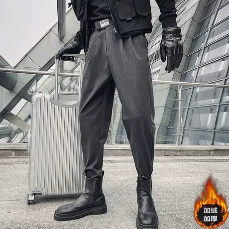 冬季男士裤子休闲裤运动裤哈伦裤纯色宽松加绒潮流束脚加厚小西裤商品大图