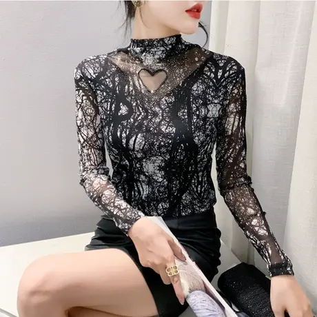 半高领打底衫长袖网纱印花镂空烫钻气质减龄内塔上衣女修身T恤潮商品大图