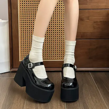 玛丽珍鞋女2023年新款小个子厚底增高粗跟小皮鞋百搭浅口高跟单鞋商品大图