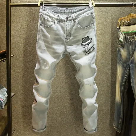 2024新款春季烫钻牛仔裤男款修身小脚裤高端灰色潮牌破洞韩版长裤商品大图