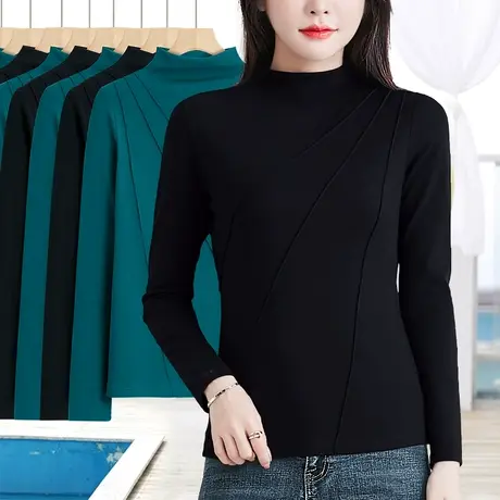 黑色半高领打底衫女内搭弹力修身长袖t恤基础款上衣春季2024新款图片