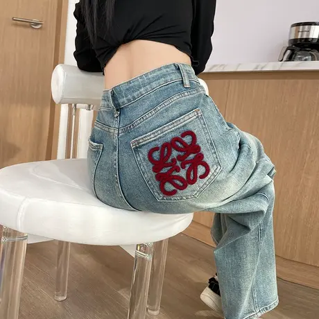 牛仔裤女2024春秋新款红色刺绣民族风阔腿高腰窄版显瘦浅色直筒裤商品大图
