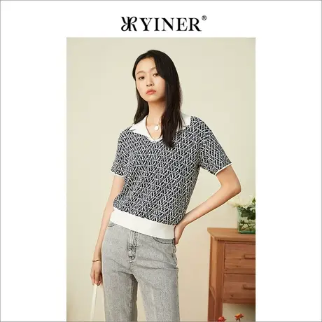 YINER音儿女装2022夏季撞色字母印花针织衫套头商品大图