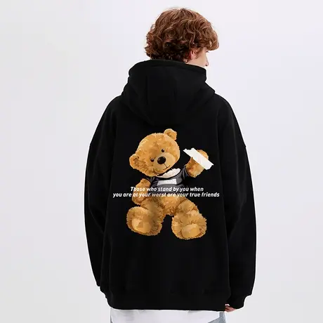 中性带帽可爱小熊卫衣男潮国潮宽松加绒情侣oversize帽衫外套冬季商品大图