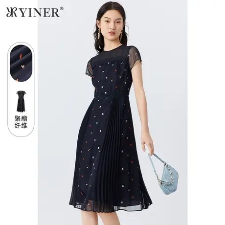 YINER音儿专选女装夏季时尚收腰皱褶拼接刺绣网纱仙女连衣裙商品大图
