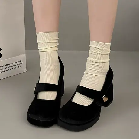 法式玛丽珍鞋女2024年新款一字带绒面浅口单鞋时尚通勤粗跟高跟鞋图片