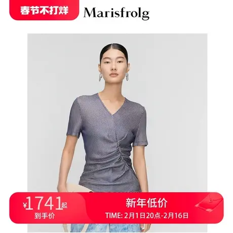 玛丝菲尔22夏季新款透气v领拉链小众设计感不规则条纹衬衫女商品大图