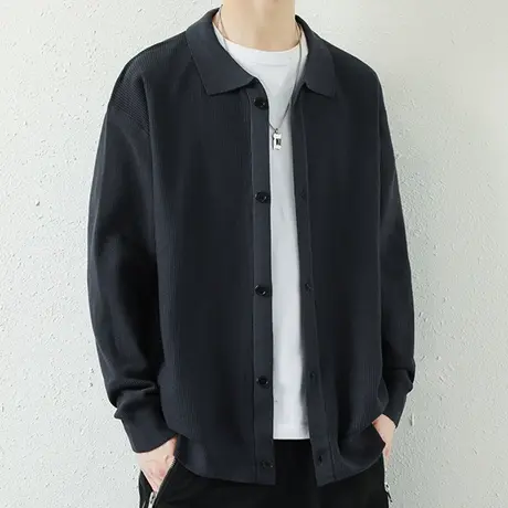 翻领夹克男春秋款衬衫领针织开衫男潮牌青少年秋冬季毛线衣外套男商品大图