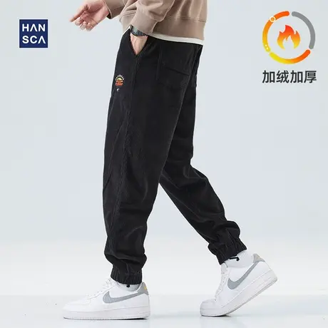 hansca加绒休闲裤男2022冬季加厚潮牌运动束脚灯芯绒黑色弹力长裤商品大图