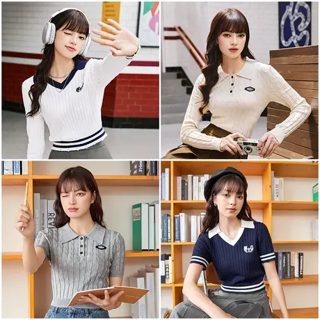 【毛衣清仓福利】三福2024秋冬撞色学院风针织衫修身内搭上衣女装商品大图