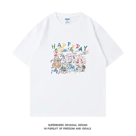 简约趣味快乐涂鸦印花短袖T恤男夏季青少年纯棉宽松休闲半袖体恤图片