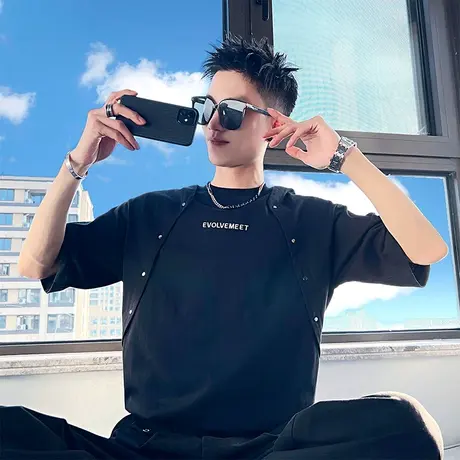 潮牌T恤夏季新款个性钉扣拼接重磅假两件夜店短袖体恤上衣半截袖商品大图