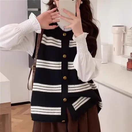 条纹拼色针织马甲女背心2024年春季新款韩版内搭洋气圆领马夹上衣商品大图
