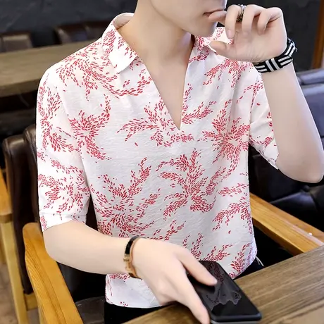 短袖t恤男装2022新款夏装潮牌polo衫潮流ins五分中袖V领帅气体恤商品大图