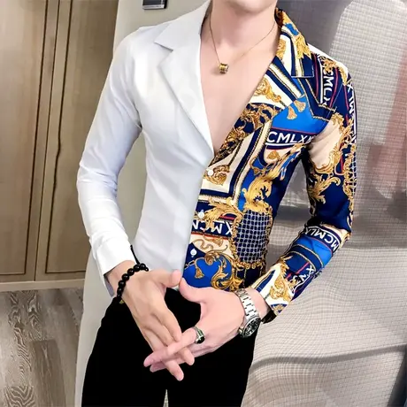 网红个性潮牌花衬衫秋季夜场发型师调酒师设计感紧身痞帅长袖衬衣商品大图