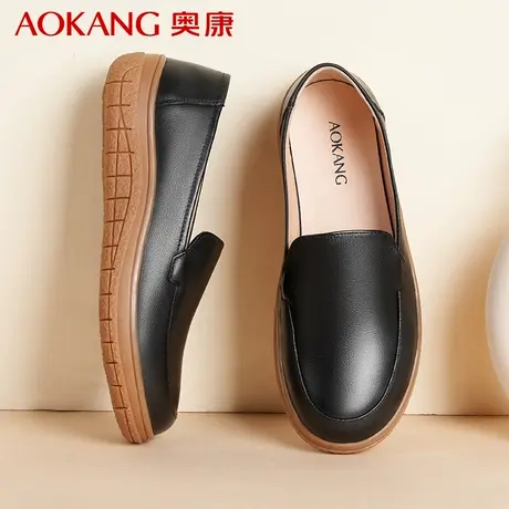 奥康皮鞋女舒适软底单鞋乐福鞋一脚蹬平底工作鞋真皮妈妈鞋中老年商品大图