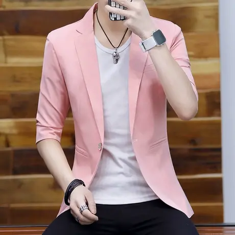 男士夏季薄款西服男七分袖单西外套潮修身男装韩版休闲中袖小西装商品大图