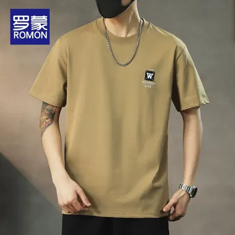 罗蒙日系简约刺绣短袖T恤男卡其色夏季衣服男士大码打底男生上衣图片