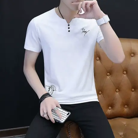 夏季2023新款短袖t恤男士短袖修身V领潮流半袖体桖潮牌冰丝上衣服商品大图
