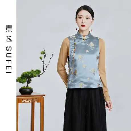 素飞短款马甲外套2023春新款提花中式女装盘扣中国风唐装背心上衣商品大图