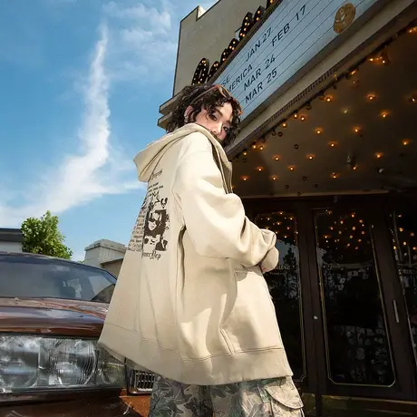 YEP美式复古连帽开衫卫衣女春秋2023年新款潮牌宽松oversize外套商品大图