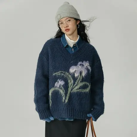 omont蛋挞家羊毛V领图案毛衣女秋冬2022新款小个子厚毛衣针织上衣图片