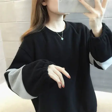 2023秋冬新款卫衣加绒加厚长袖圆领撞色条纹百搭韩系减龄设计感女图片