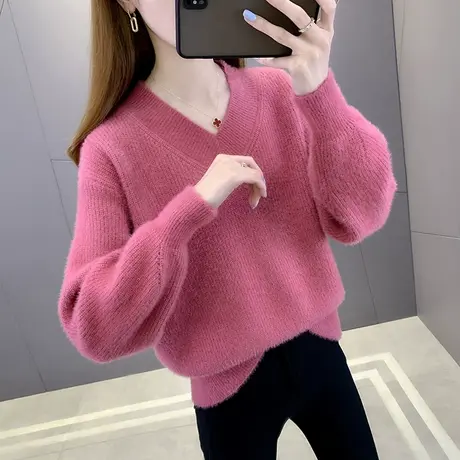 水貂绒毛衣女秋冬装2022新款内搭宽松外穿V领上衣针织打底衫洋气图片