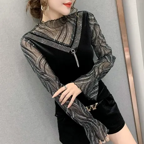 半高领打底衫女秋冬洋气烫钻T恤女长袖性感镂空网纱拼接加绒上衣商品大图