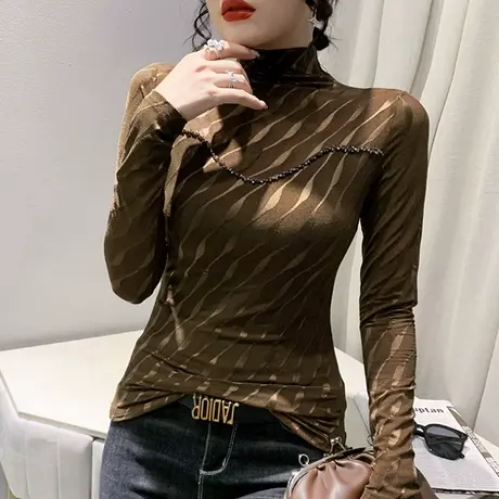 半高领网纱打底衫女加绒加厚秋冬内搭性感T恤长袖气质钉珠上衣ins商品大图