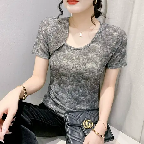 时尚印花短袖T恤女性感斜领网纱小衫别致洋气上衣修身显瘦体恤ins商品大图
